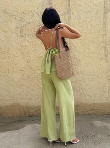 INAWLY Women Summer Solid Color Pleated Camisole And Pants Casual 2pcs Set - Yellow - View 2