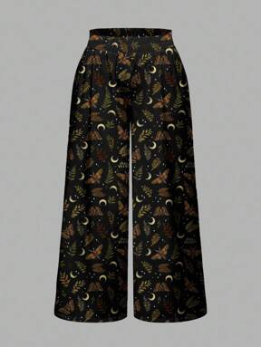 Goth Gothic Romantic Dark Moth & Plant Print Plus Size Wide Leg Loose Pants