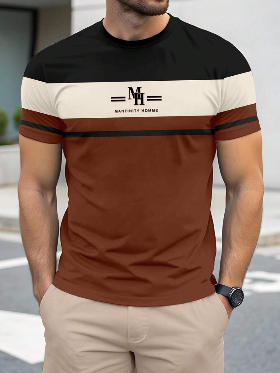 Manfinity Homme MH 字母徽标拼色休闲图案印花修身短袖 T 恤男式 - 棕色 - 查看 1