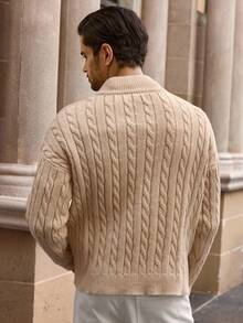 HIMLAND Men's Autumn/Winter Zipper Half-Open Chest Fashionable Knitted Pullover Sweater, Casual Knitwear Cable Knit Sweater Men Knit Jersey Quarter Zip Polo Sweater, Long Sleeve Top - Apricot - View 2