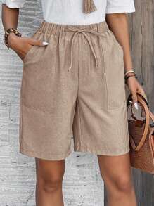 EMERY ROSE Plus Size Women's Summer Solid Color Bermuda Shorts, Solid Color Side Pockets, Loose Knee-Length Mid-Waist, Basic Fashion