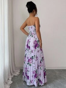 Selianne 女士优雅浪漫花卉印花褶饰腰部 A 字形吊带背心连衣裙 - 彩色 - 查看 2