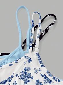 SHEIN EZwear 3 件套大码花卉印花休闲吊带背心，夏季适用，黑/白 & 蓝/白 - 彩色 - 查看 3