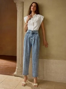 MOTF PREMIUM HIGH WAIST FOLD PLEATED SLANT POCKET TAPERED JEANS