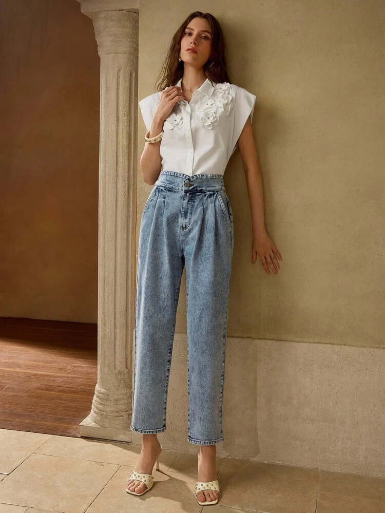 HIGH WAIST FOLD PLEATED SLANT POCKET TAPERED JEANS