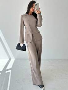 Firerie Bộ vest 2 món màu xám kaki thanh lịch, thời trang đường phố đa năng hàng ngày dành cho nữ, thu/đông, ve áo lệch không đối xứng, thắt nút eo, tay dài, quần cạp cao - Xám - Xem 6