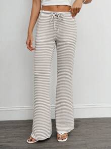 SHEIN Tall 高腰修身女士时尚系带条纹裤 - 彩色 - 查看 7