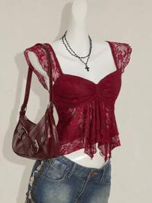 SHEIN ICON Women's Ruched Front Fitted Sexy Lace Patchwork Cap Sleeve Backless Casual Vacation Cropped Camisole Burgundy Lace Top - Burgundy - View 7