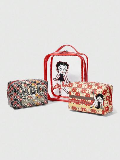 Betty Boop | ROMWE 3 Pieces Cute Fashion Portable Cartoon Pattern Large Capacity Cosmetic Bag Set