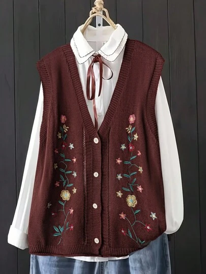 Linhara 大码休闲花卉刺绣无袖开衫