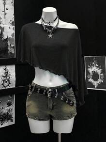 EgrlEra Comfortable Asymmetrical Neck Vacation Style Top - Black - View 1