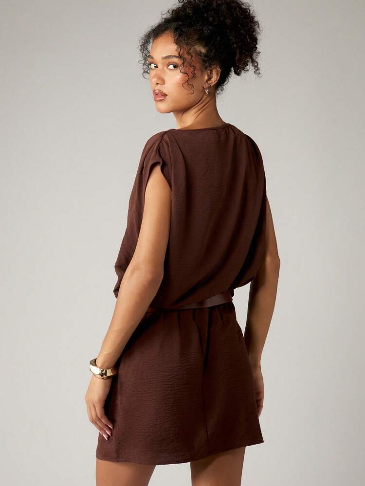 AiiRZ Mini Draped Dress Boat Neck Sleeveless Fall Winter Chic Office Party Sophisticated Belted Dress High Fashion Executive