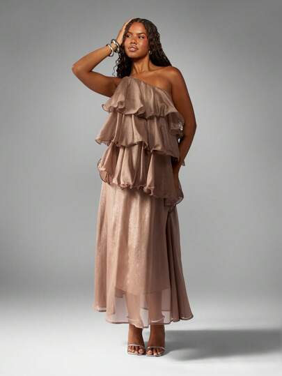 knee length dresses for ladies Ieena for Mac Duggal - Gold Ruffle Tiered Criss Cross Lace Up Gown main image 1