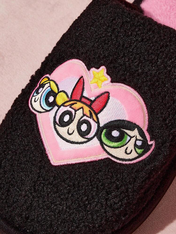 THE POWERPUFF GIRLS X SHEIN 时尚卡通刺绣防滑室内拖鞋女童柔软毛绒保暖冬季可爱家居鞋花朵、泡泡和毛茛，耐用鞋底，居家卧室空调房春秋冬 - 黑色 - 查看 4