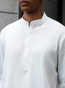 Manfinity Homme 男士棉质休闲长袖可调节袖口半襟立领衬衫和宽松长裤套装男士两件套服装