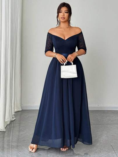 Elenzga Plus Size Women's Elegant Romantic Party Dress, Lace Patchwork Off Shoulder Short Sleeve Waist Cinched Chiffon Flowing Maxi Dress