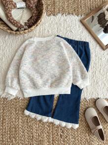 SHEIN Áo thun in hình trái tim dễ thương và quần denim thêu hình trái tim thời trang thu đông cho bé gái - Nhiều màu - Xem 2