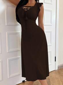 SHEIN 纯色盖袖V领系带装饰修身女式睡袍 - 咖啡棕 - 查看 3