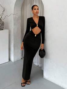 SHEIN SXY Elegant Sexy Black Hollow Metal Decor Dress,Party Dress, Elegant Dresses For Party,Wedding Guest Dress,Formal Dress , Chic Autumn, Chic ,Club Outfits Women Sexy,Winter Dress Women,Black,Party Dresses For Women