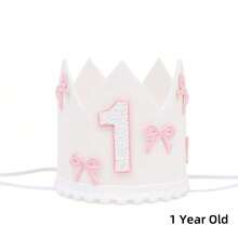 1件，半岁/1-5岁蝴蝶结生日帽装饰周岁礼物白色皇冠粉色蝴蝶结皇冠派对公主头饰照片白粉装饰生日派对帽装饰数量2/1-5亮片皇冠发饰公主生日派对节庆派对 - 彩色 - 查看 4