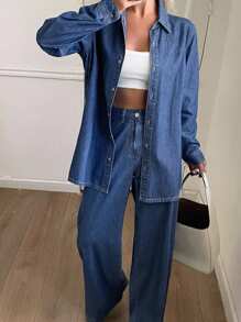 Livesso 女士宽松衬衫和休闲牛仔裤套装 - 藍色 - 查看 2