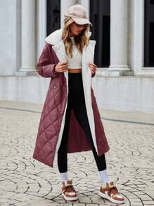 SHEIN Cottnline Women's Solid Color Long Padded Coat With Fleece Lining And Turn Down Collar - Violet Purple - View 5