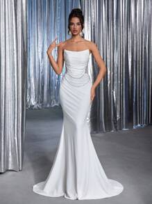 Glamrae Elegante Top Estilo Vintage Branca com Decoração de Pérolas Pregueadas, Amarração Ajustável nas Costas, Saia de Bainha de Sereia com Bordado de Pérolas Luxuoso, Adequado para Várias Ocasiões Formais como Casamentos (Bordado Pesado) - Bege - Visão 3