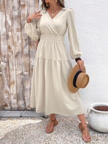 EMERY ROSE Rochie lungă casual de damă, cu mâneci bufante și decolteu în V, de culoare caisă - Caisă - Vizualizare 4