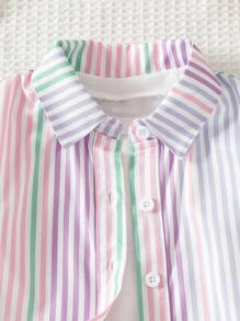 Genkimix Kids 1 件年轻女孩条纹印花短款短袖衬衫淡色条纹衬衫夏季返校休闲衬衫 - 彩色 - 查看 5