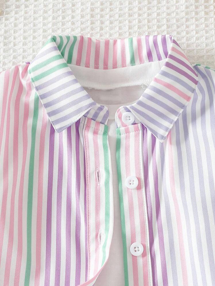 Genkimix Kids 1 件年轻女孩条纹印花短款短袖衬衫淡色条纹衬衫夏季返校休闲衬衫 - 彩色 - 查看 5