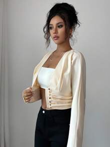 Roylia Chaqueta de mujer con cuello en V, cintura plisada y manga larga con botones, versátil y estilizadora - Albaricoque - Ver 8