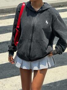 Muchica 女士休闲黑色连帽拉链运动衫 - 黑色 - 查看 1