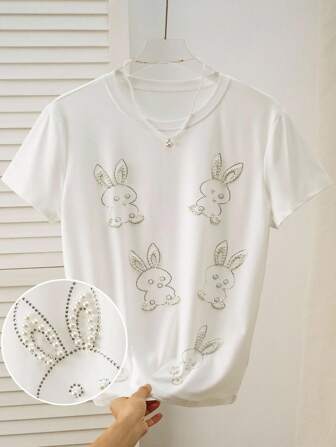 INAWLY Summer Women's Round Neck Short Sleeve T-Shirt Top, Fashionable Rabbit Graphic Design With Rhinestones & Beads