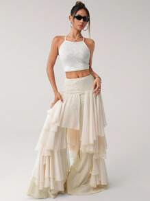 SHEIN ICON Asymmetrical Chiffon Ruffle Patchwork Loose Women Ruffle Hem Pants Beige Pants - Beige - View 5