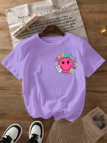 Glissea Camiseta casual de manga corta con cuello redondo, estampado de lema y rostro para mujer de talla grande - Púrpura malva - Ver 2