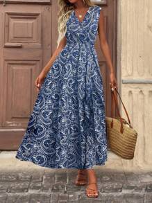 Breezaya V-Neck Sleeveless Paisley Print Boho Long Maxi Vacation Split Front Dress Women (No Belt) - Navy Blue - View 5