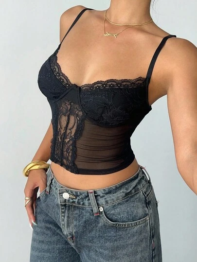 Aloruh 秋夏季吊带背心，适合日常休闲、商务通勤、简约Y2K风格、音乐节演唱会等场合，黑色性感蕾丝吊带背心，女士款