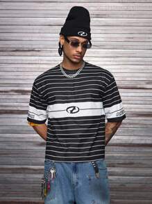 AXEPEAK 男士日常休闲时尚条纹上衣宽松圆领短袖T恤 - 黑色 - 查看 5