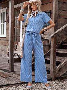 LanaWest Women's Denim Effect Print Shirt + Pants Countryside Casual Daily 2 Pieces Set - Blue - View 3