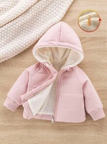 SHEIN Playful Pals Baby Girl Infant Toddler 0-3 Years Old Warm Thermal Lined Hooded Jacket, Suitable For Winter, School, Outings, Birthday Parties, Versatile Design Fall