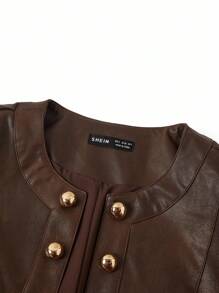Ellevyn 时尚优雅复古装饰纽扣PU夹克秋季女装秋季女装棕色皮夹克女士秋季服装商务休闲女士棕色夹克 - 咖啡棕 - 查看 3