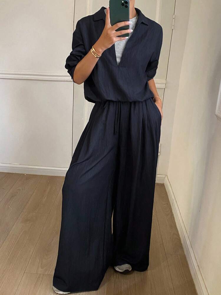 2pcs Women Casual Loose 2 In 1 Long Sleeve Shirt And Wide Leg Pants Set, Street Style, Autumn/Winter,Fall Women Clothes