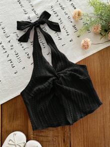 SHEIN LMoss Kids 年轻女孩休闲时尚百搭纯色针织吊带背心 - 黑色 - 查看 5