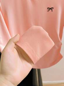 INAWLY Women's Casual Bow Print Ruched T-Shirt, Spring/Autumn - Dusty Pink - View 4
