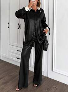 EURMUSE 2pcs/Set Women Rhinestone Collar Detailed Elegant Loose Long Sleeve Shirt And Wide Leg Pants Black Elegant Suit - Black - View 1