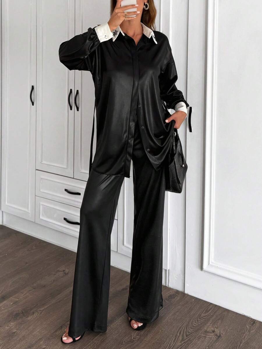 EURMUSE 2pcs/Set Women Rhinestone Collar Detailed Elegant Loose Long Sleeve Shirt And Wide Leg Pants Black Elegant Suit - Black - View 1