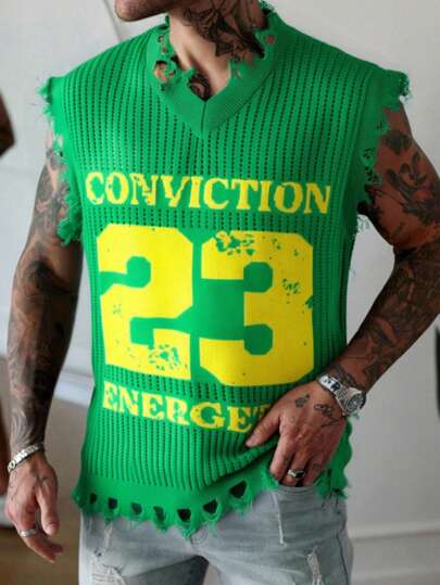 Manfinity LEGND Plus Size Men's Letter & Number Graphic Fringed Trim Knitted Vest