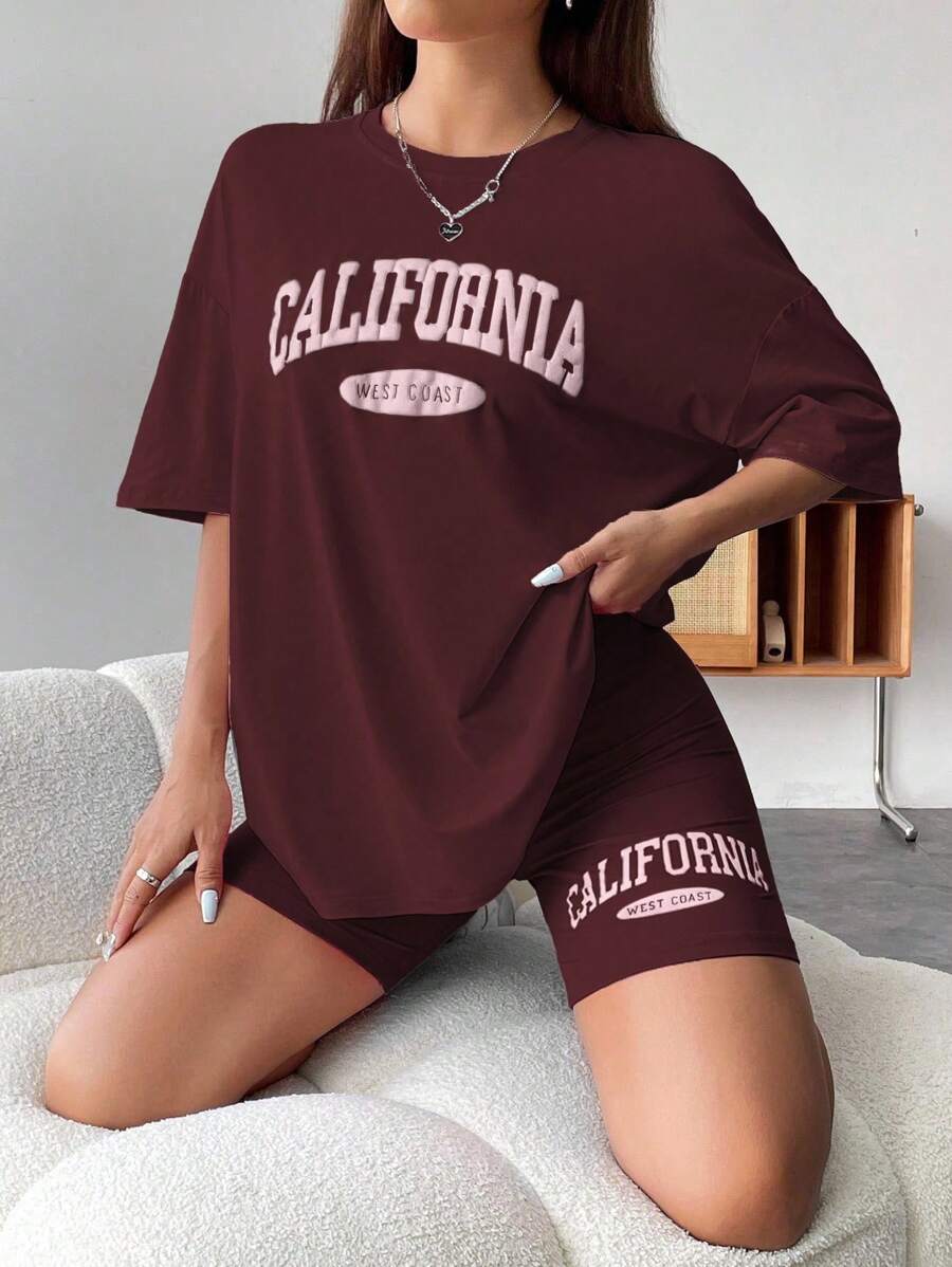 Gowayae Gowayae 2pcs Set Letter Print Crew Neck Short Sleeve T-Shirt And Shorts, Casual - Red Violet - View 1