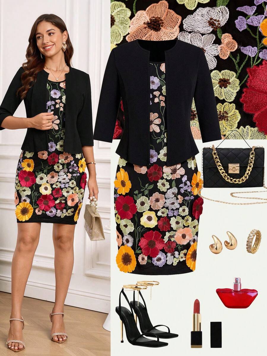 Ellevyn 2 件套：黑色修身中袖夹克 + 蕾丝无袖短款中长修身连衣裙，适合女士办公室装、女士工作服、女士商务休闲装 - 玫紅色 - 查看 1