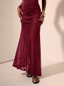 Zivah 2025 春夏新款音乐节、复活节、圣帕特里克节、西部风、游牧风、生日派对、毕业典礼、学院风、学生装、日常休闲、百搭百搭、休闲、邮轮旅行、海滩、日光浴、病毒式、街头服饰、婚礼宾客服装、通勤风格无袖圆领褶饰网眼双层侧褶拼接超长黑色连衣裙 - 酒紅色 - 查看 4